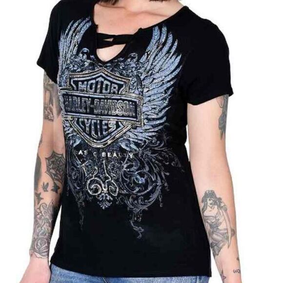 NWOT Harley-Davidson® Women's Classic Beauty Embellished Scoop Neck Tee Black M - Picture 1 of 11